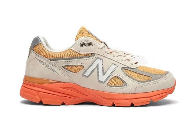 New Balance 990v4 MADE in USA in Moonbeam, Tangerine Heat, and Dried Orange colorway, side profile view
