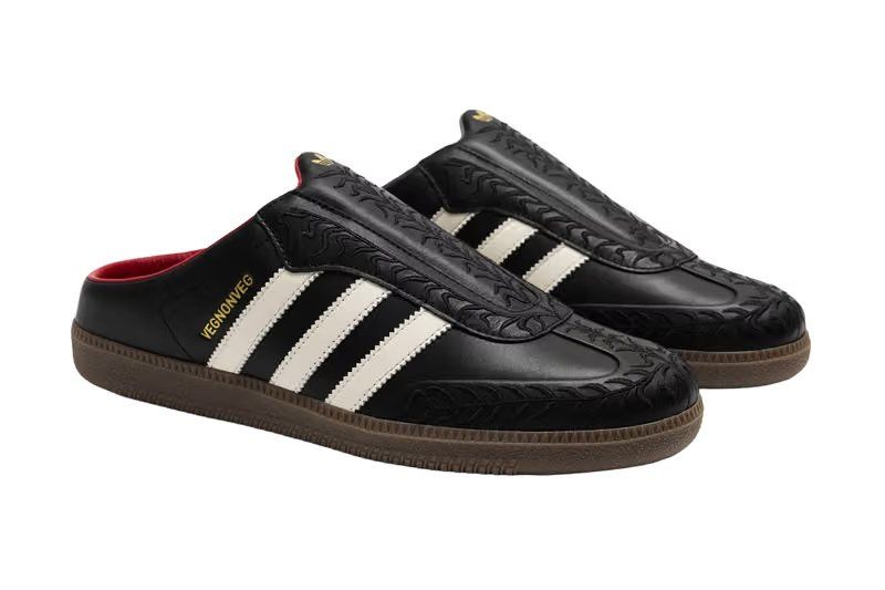 adidas Originals x VegNonVeg Samba Mule in Black/Cream/Gum showing open-back mule construction with pointed padded tongue and botanical embroidery details