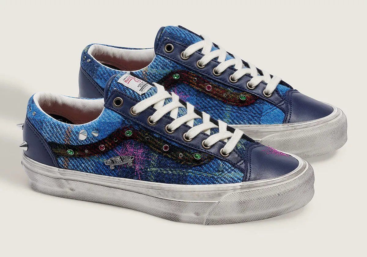 Vans Harris Tweed collection featuring Old Skool, Classic Slip-On, and Loafer 53 with Scottish tweed material and distressed embellishments
