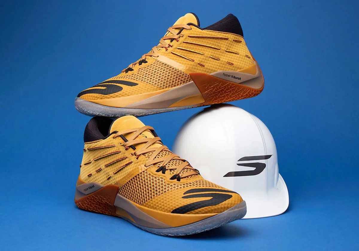 Skechers SKX Reign 'Foreman' player exclusive for OG Anunoby in wheat Timberland-inspired colorway with yellow and red heel cables