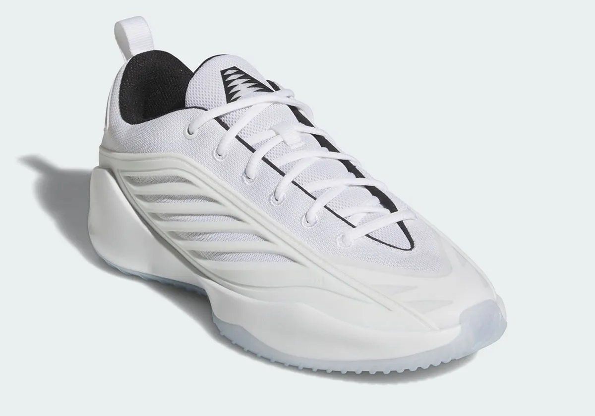 adidas Believe That 1 in Footwear White colorway with black trim and translucent traction, shown on-court
