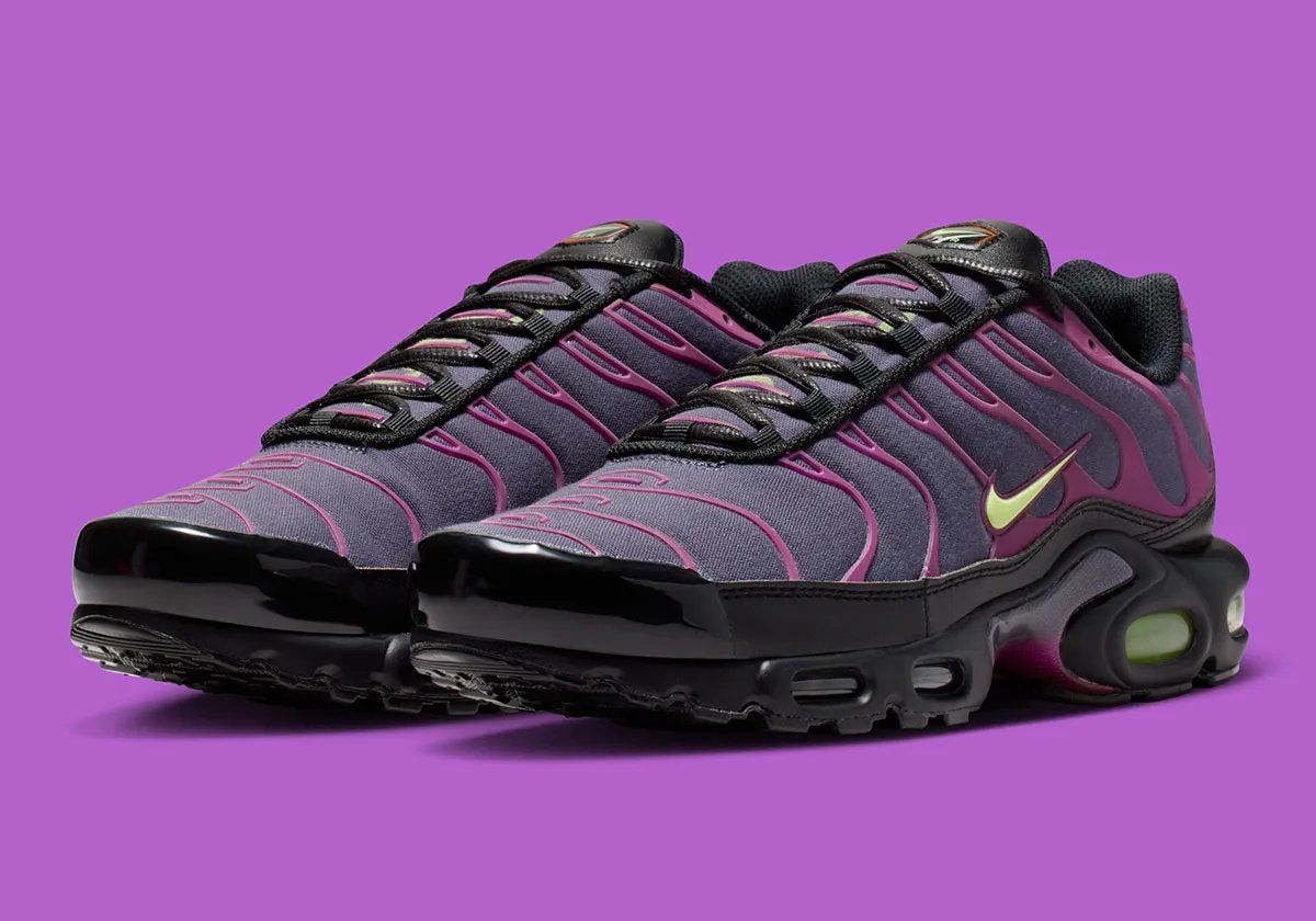 Nike Air Max Plus in Dark Raisin with Liquid Lime accents, featuring denim paneling and flaming yin/yang interior graphic