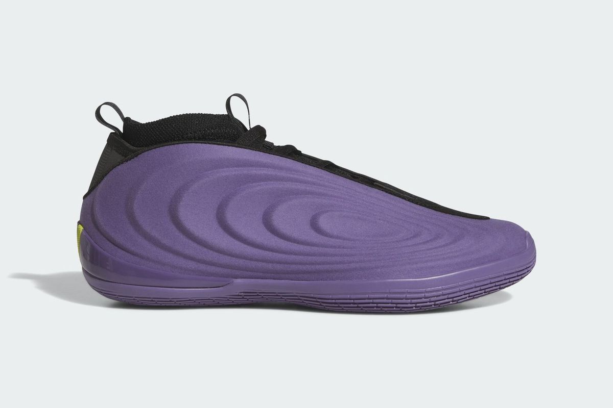 adidas Harden Vol. 10 in Matte Purple colorway, side view of basketball sneaker