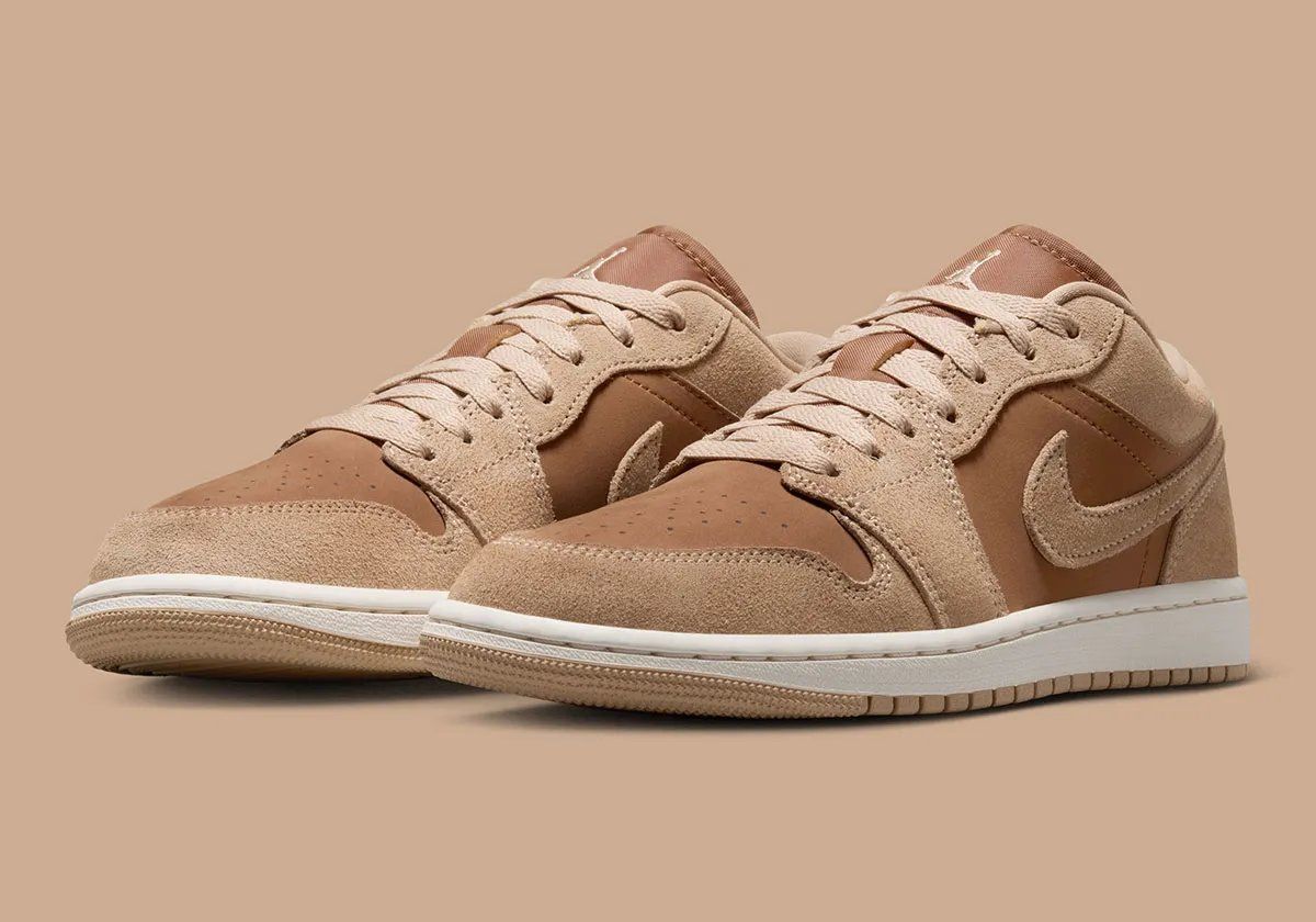 Nike Air Jordan 1 Low in Legend Medium Brown and Light British Tan colorway, women's sizing