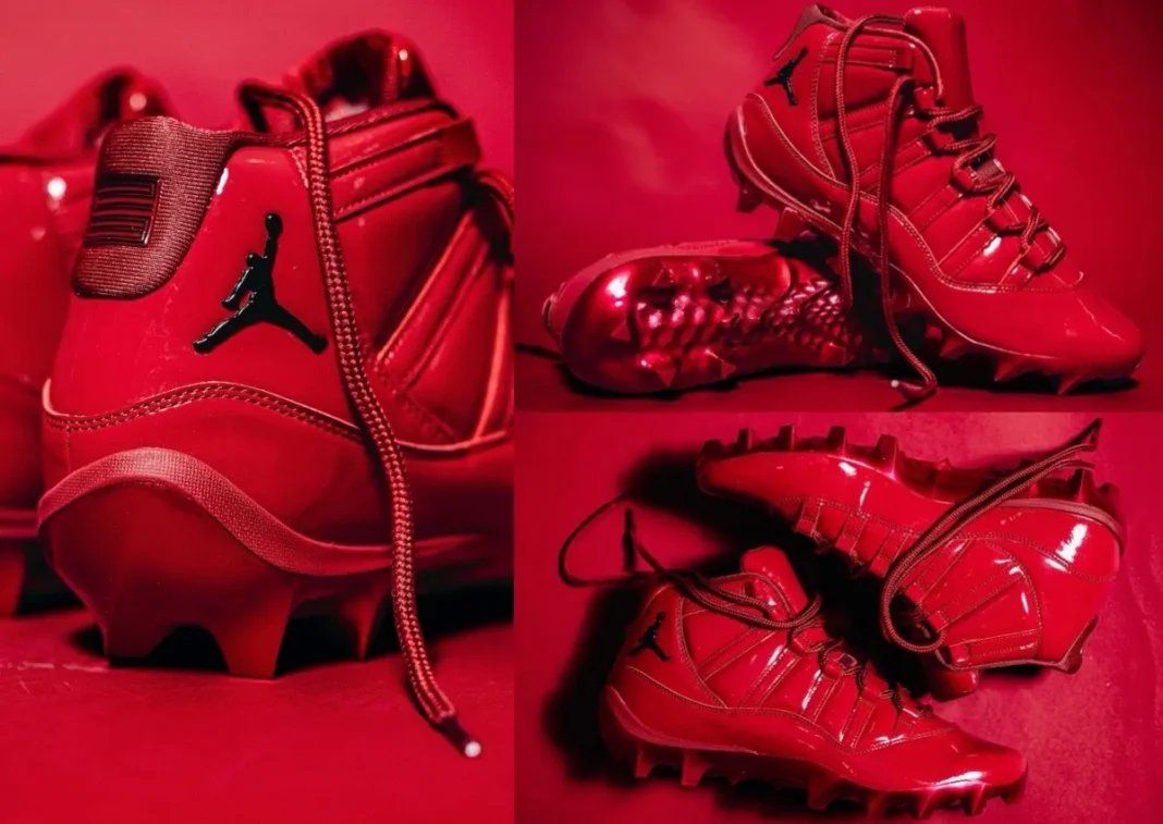 Oklahoma Sooners Air Jordan 11 football cleat in all-crimson colorway with black Jumpman logos