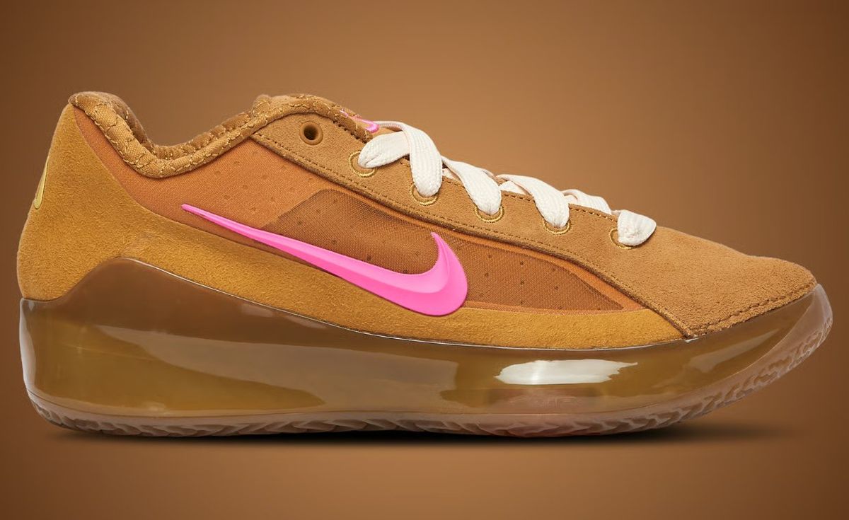 Nike LeBron NXKT Gen x JuJu in linen brown suede with pink Swoosh, available at Foot Locker
