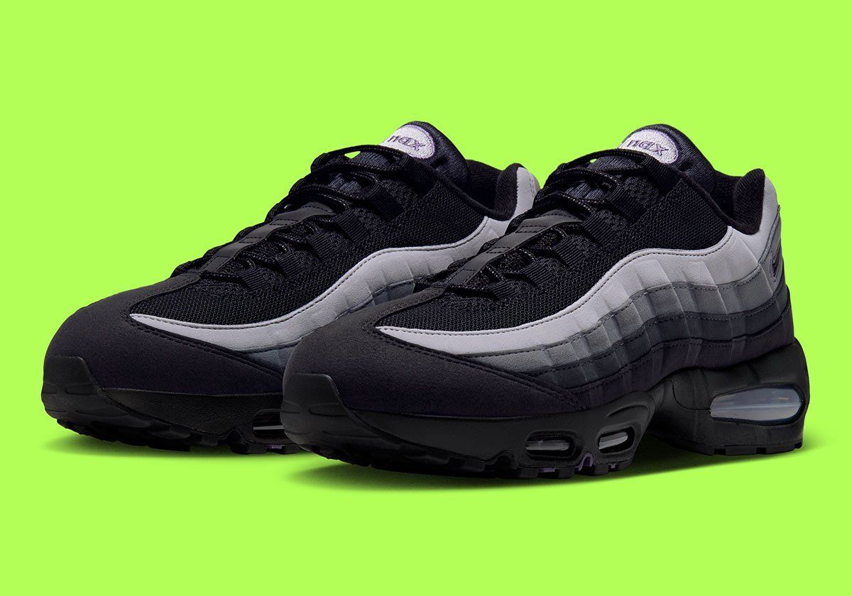 Nike Air Max 95 Joker colorway in Canyon Purple and villain green, featuring jewel-tone Swoosh and grey side panels