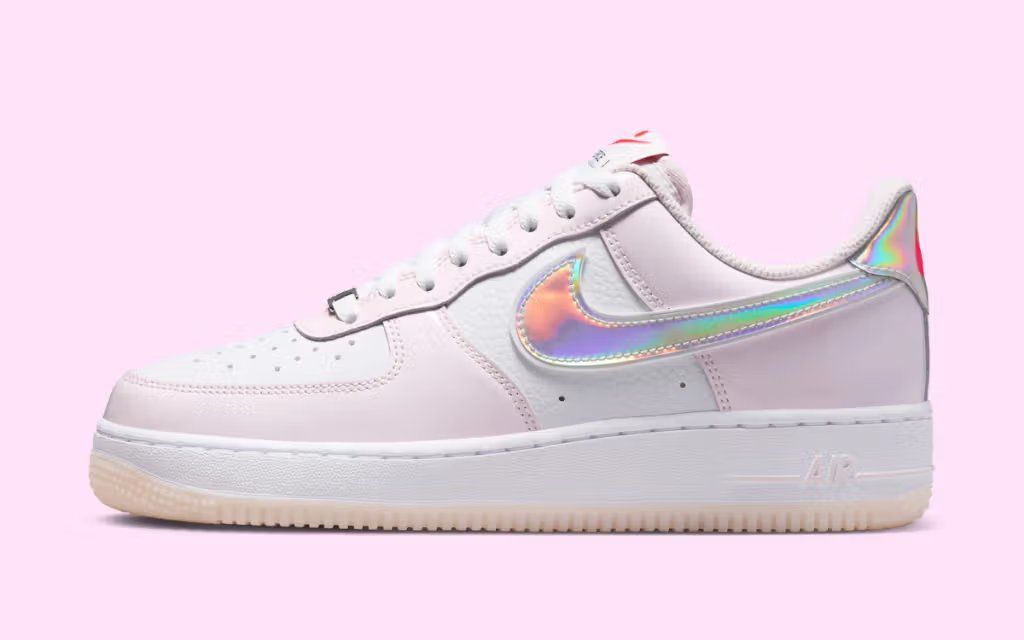 Nike Air Force 1 Low with holographic iridescent Swoosh in white and color-shift detail