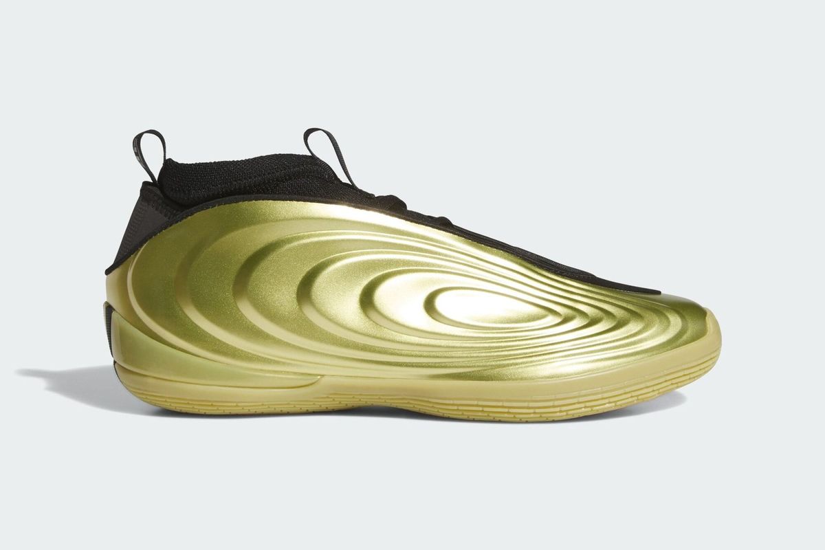 adidas Harden Vol. 10 Metallic Gold basketball shoe, lateral and medial view