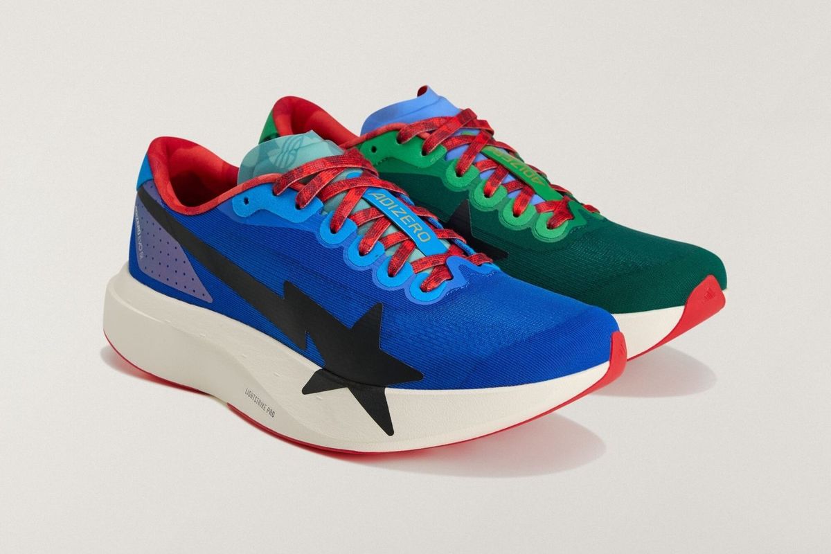 BAPE x adidas Adizero Evo SL in blue colorway, side profile view