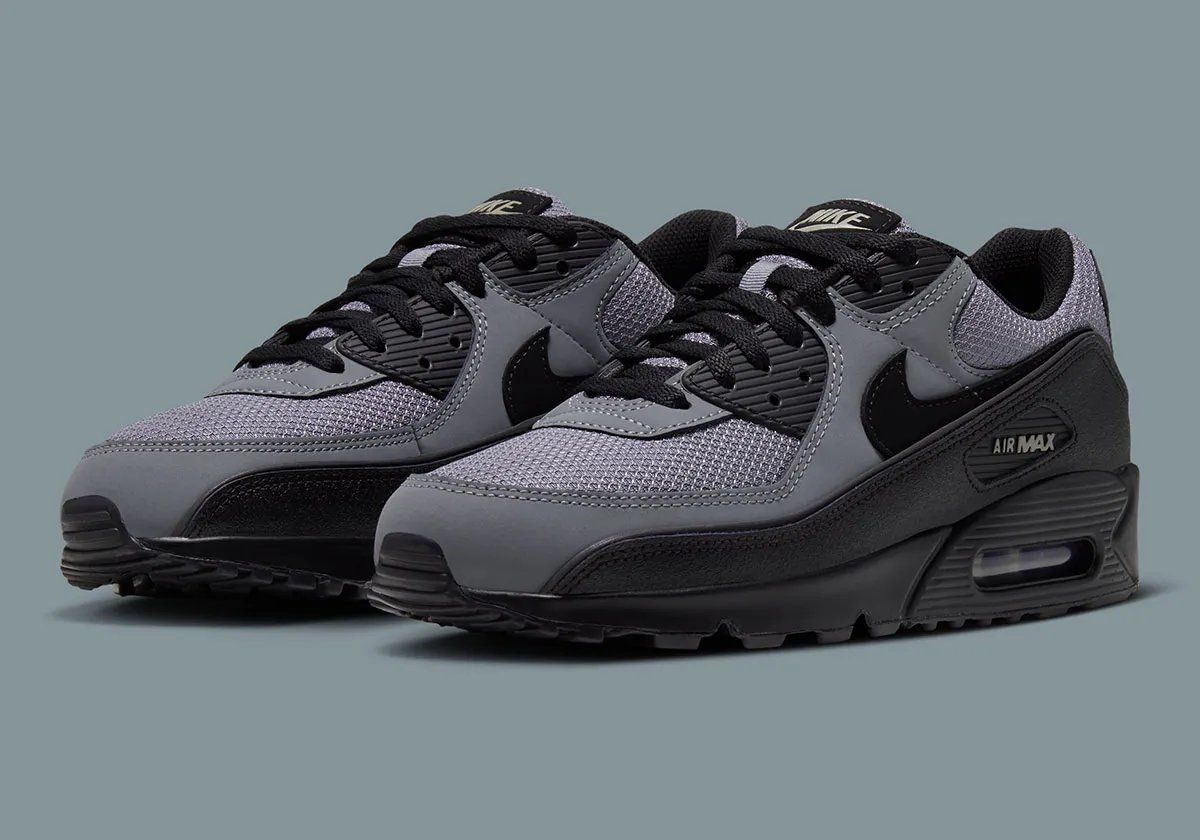 Nike Air Max 90 Cool Grey showing monochromatic greyscale leather and mesh construction with Light Army accents