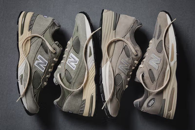 Kith x New Balance 991v1 and 991v2 Made in UK collaboration in Vetiver and Moonrock colorways