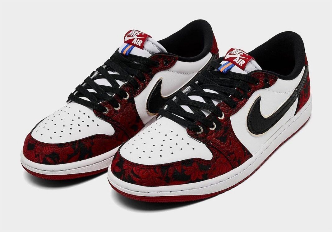 Air Jordan 1 Low OG 'Last Dance At The Garden' in black leather with white accents and floral tapestry detailing, released September 26, 2026.