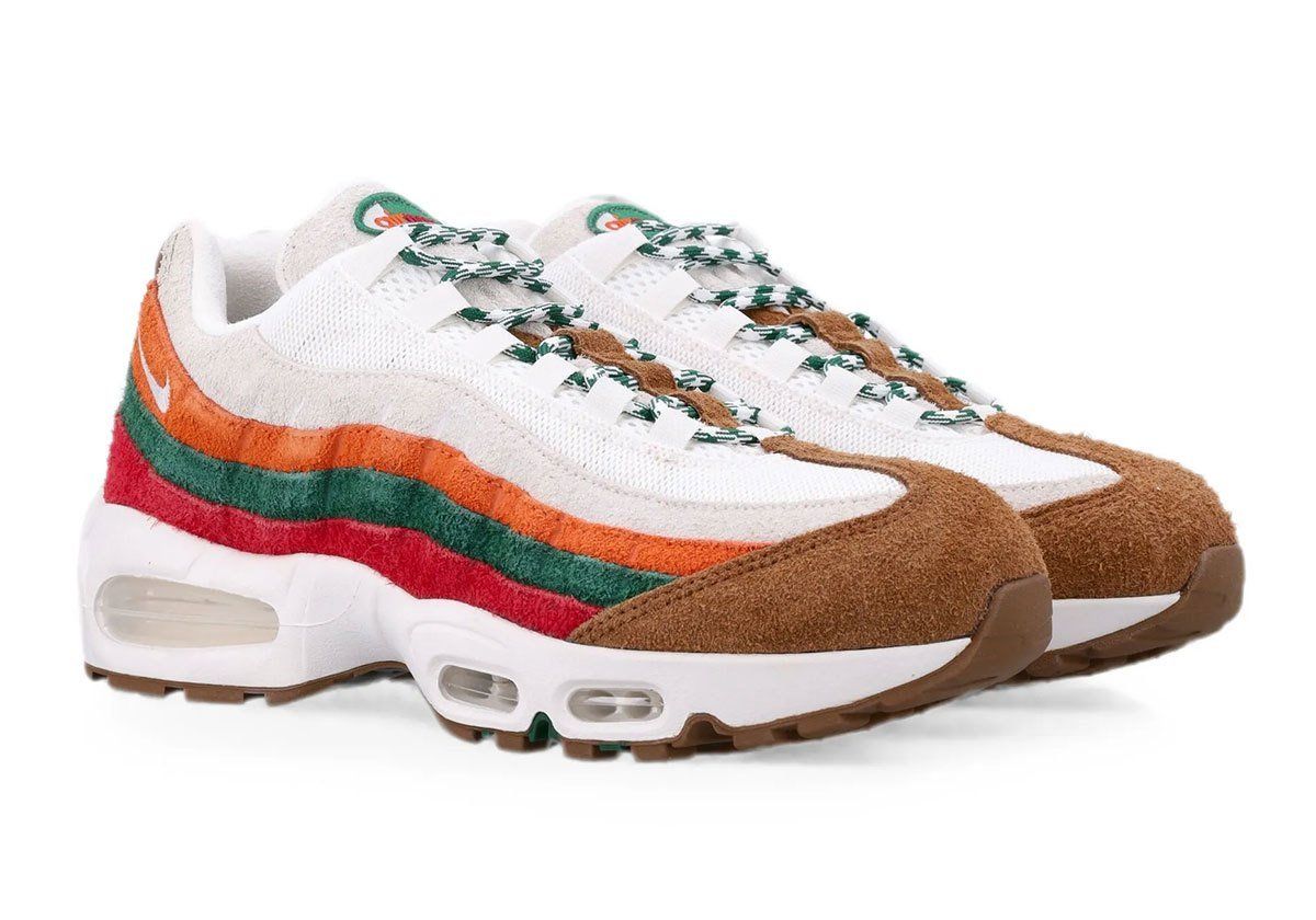 Nike Air Max 95 in 7-Eleven-inspired colorway with Gym Red, Sport Green, and Total Orange suede overlays and Light British Tan accents