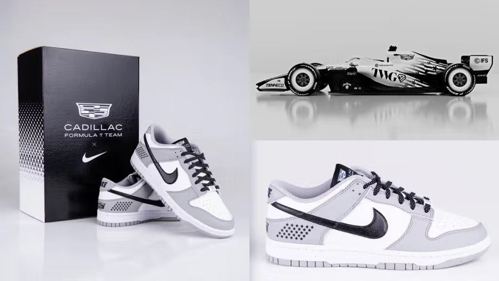 Nike Dunk Low in Cadillac F1 colorway, showcasing luxury automotive-inspired design details