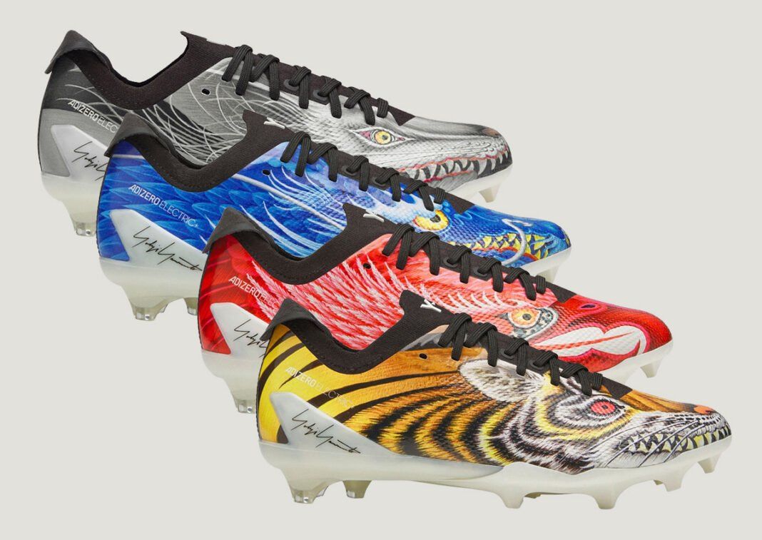 Y-3 adiZero Electric II Plus Beast Pack in Wolf colorway showing animal graphics on Primeknit upper