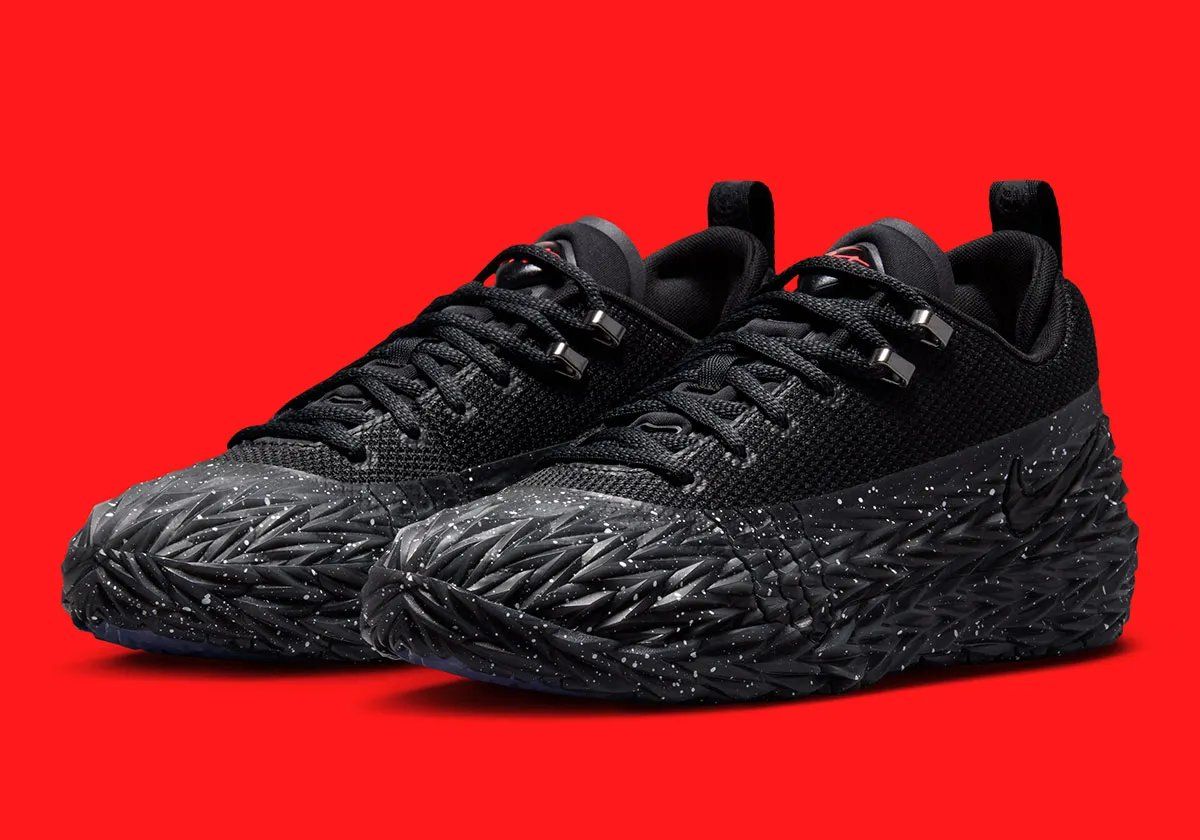 Nike S.T. Charge Black/Bright Crimson with white speckling on MonSTer Skin upper, outdoor basketball silhouette