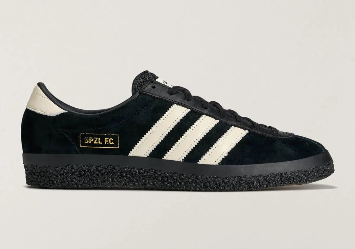 adidas Gazelle SPZL FC in black suede with white leather stripes and backtab, terrace-ready sneaker releasing September 25