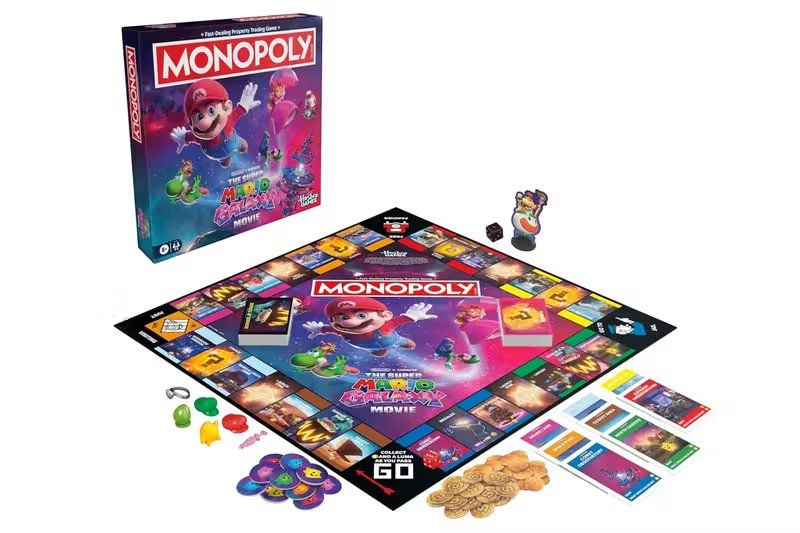 Hasbro Monopoly: The Super Mario Galaxy Movie Edition board game with custom tokens and intergalactic-themed board layout