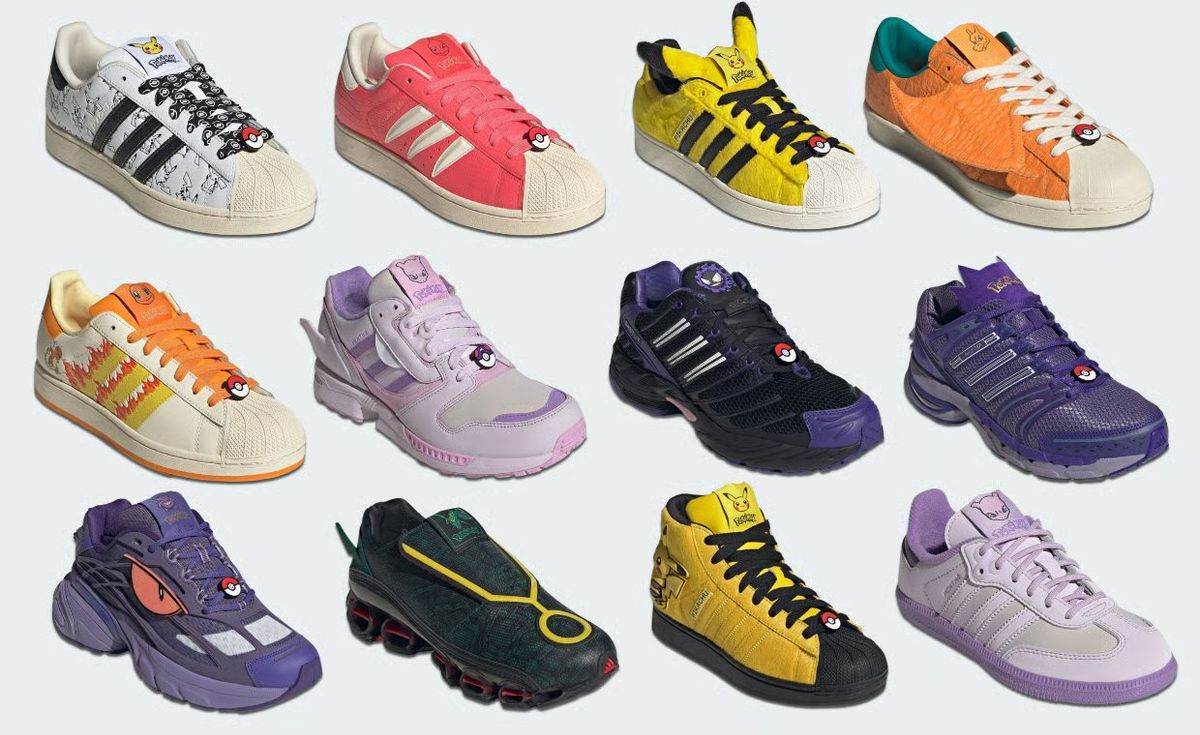 Official product images from the adidas Pokémon 30th Anniversary collection, featuring character-themed colorways on Superstar, Samba, and ZX 8000 silhouettes