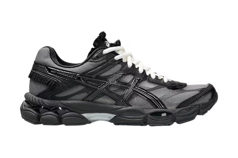 Griff x ASICS GEL-Cumulus 16 black and metallic grey sneaker with ruffled detailing and white tongue