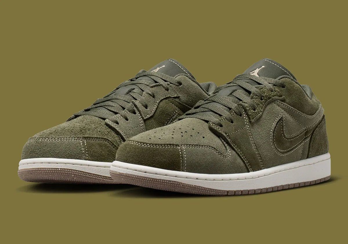 Air Jordan 1 Low SE in Cargo Khaki featuring mixed-material patchwork construction from Jordan Brand's Craft series