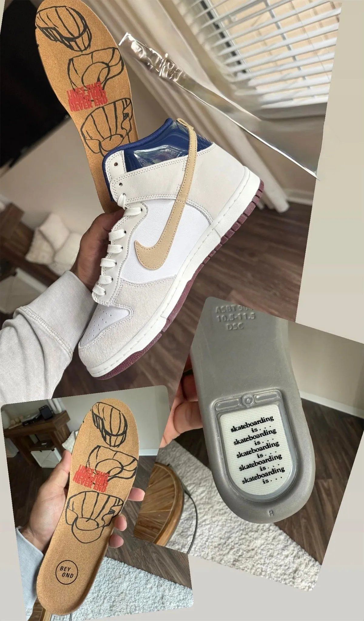 Nike SB Dunk High in white leather and ivory suede with Blue Void patent leather collar, arriving July 2026 via Beyond