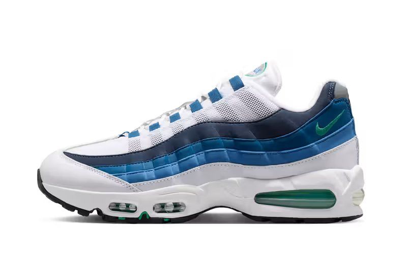 Nike Air Max 95 Big Bubble in White and Lake Blue colorway, showing the signature Big Bubble air unit and multi-color accent palette