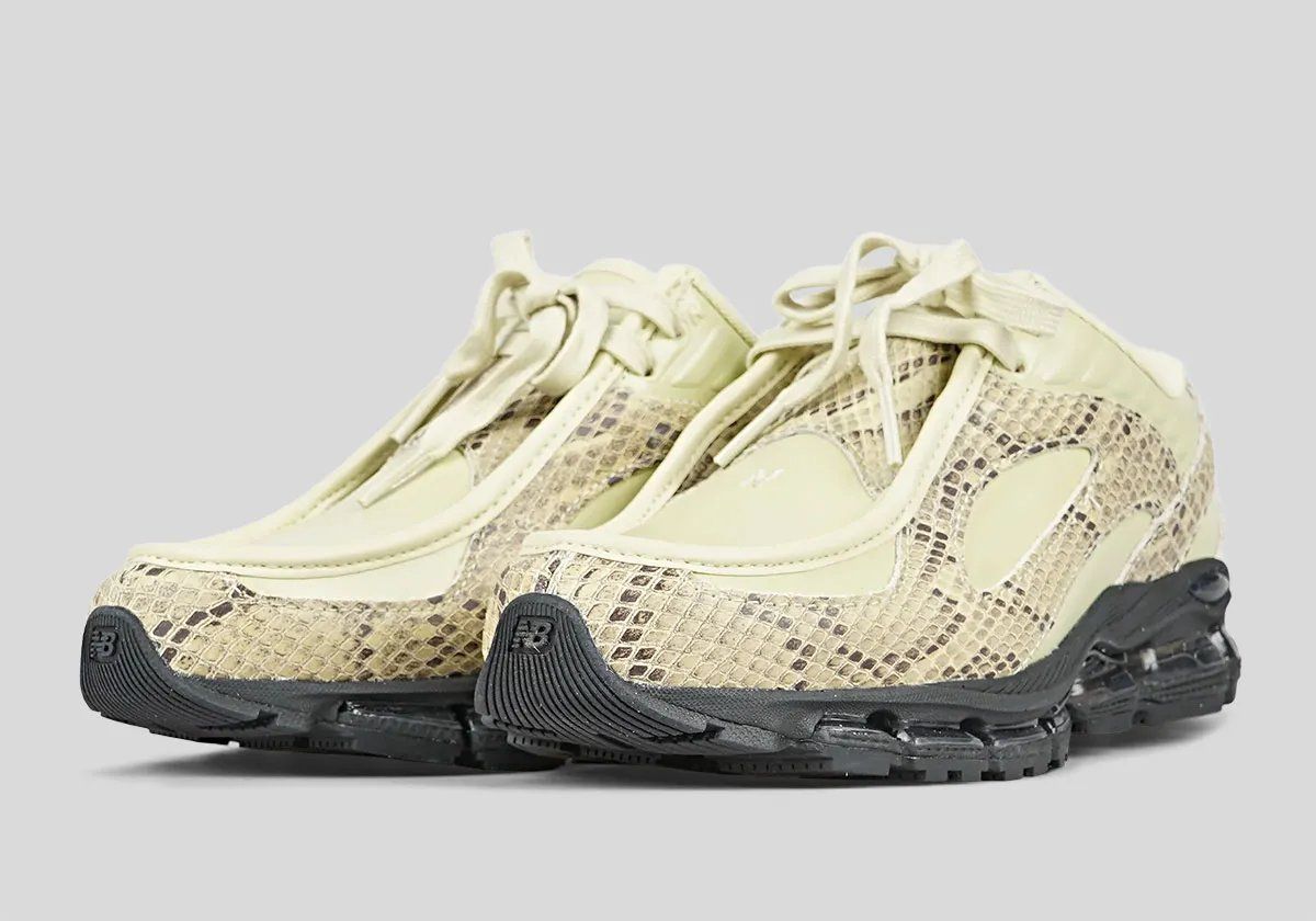 New Balance 1890A moccasin hybrid in pale yellow leather with snakeskin overlays, side profile view