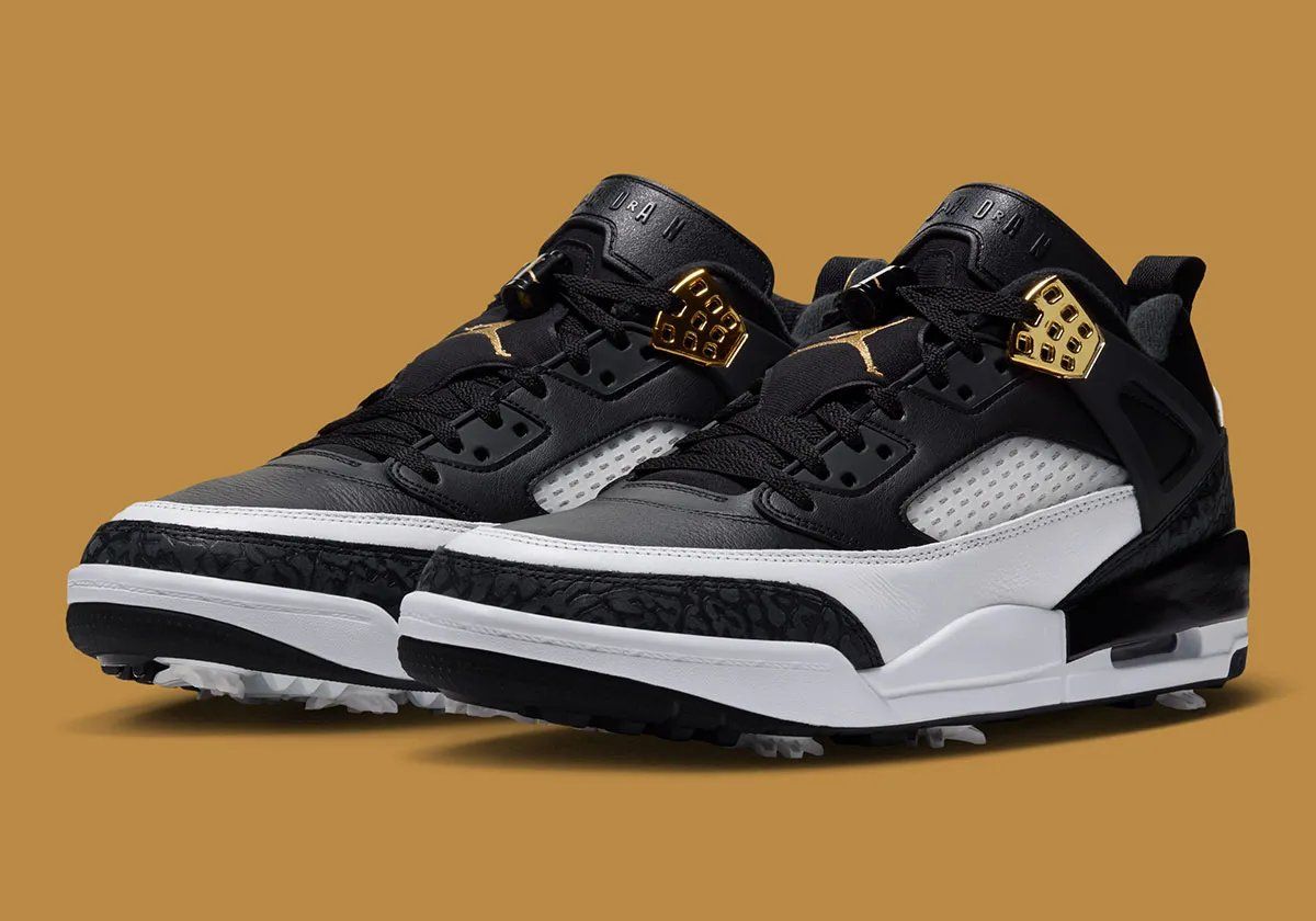 Jordan Spiz'ike Low Golf in black, white, and metallic gold, inspired by the 2006 Defining Moments Package colorway
