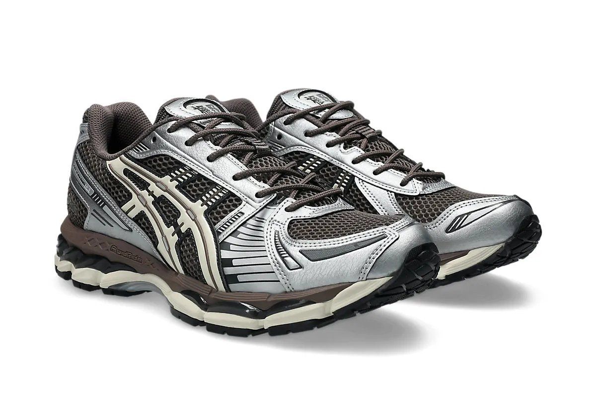 ASICS GEL-Kayano 12.1 Chocolate with brown mesh upper, silver overlays, and off-white sole unit