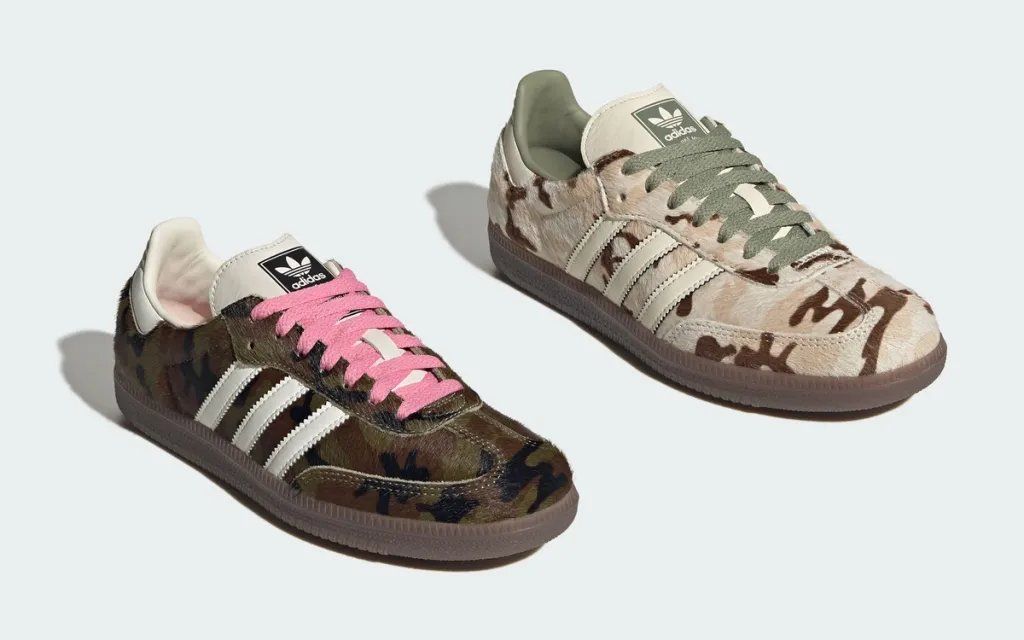 Adidas Samba featuring camouflage paneling and pony hair accents on the quarter panel and collar
