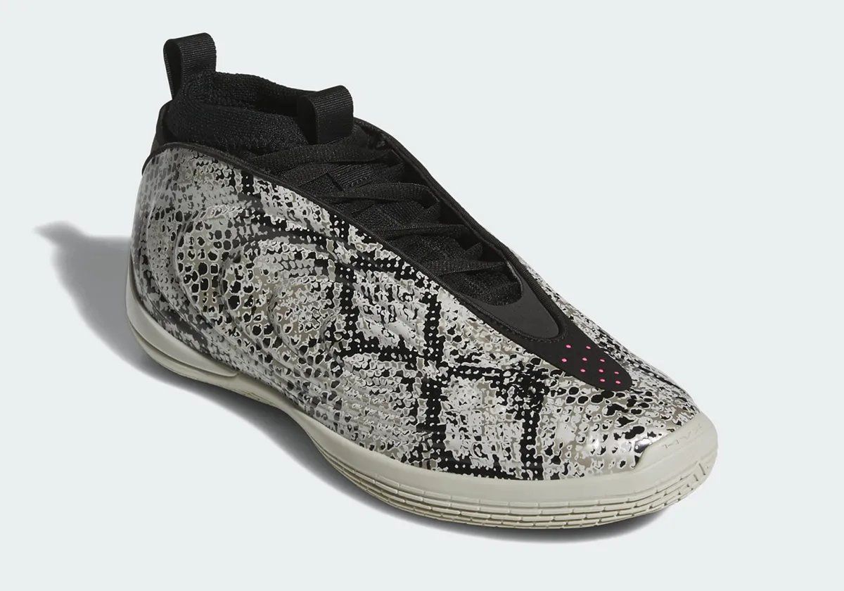 adidas Harden Vol. 10 in black and grey snakeskin print with pink accents and light grey midsole