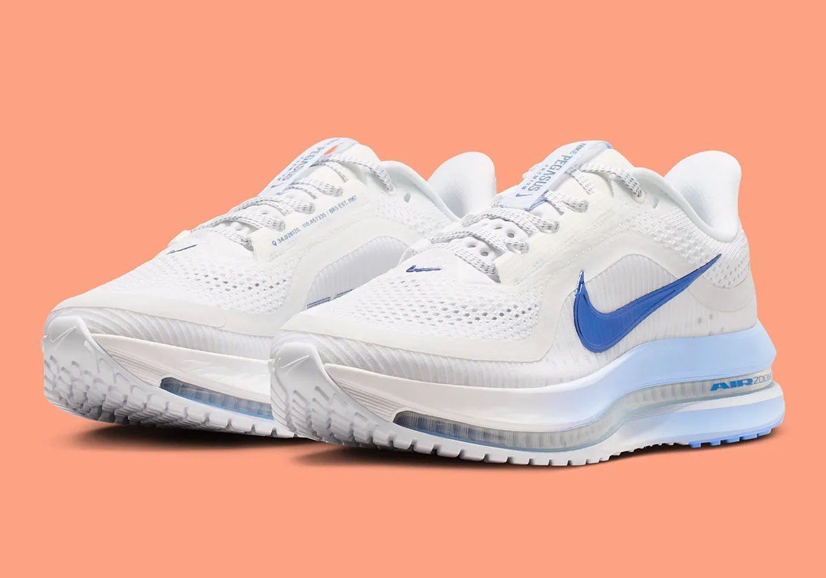 Nike Pegasus Premium White/Aluminum women's running shoe with gradient midsole and royal blue Swoosh