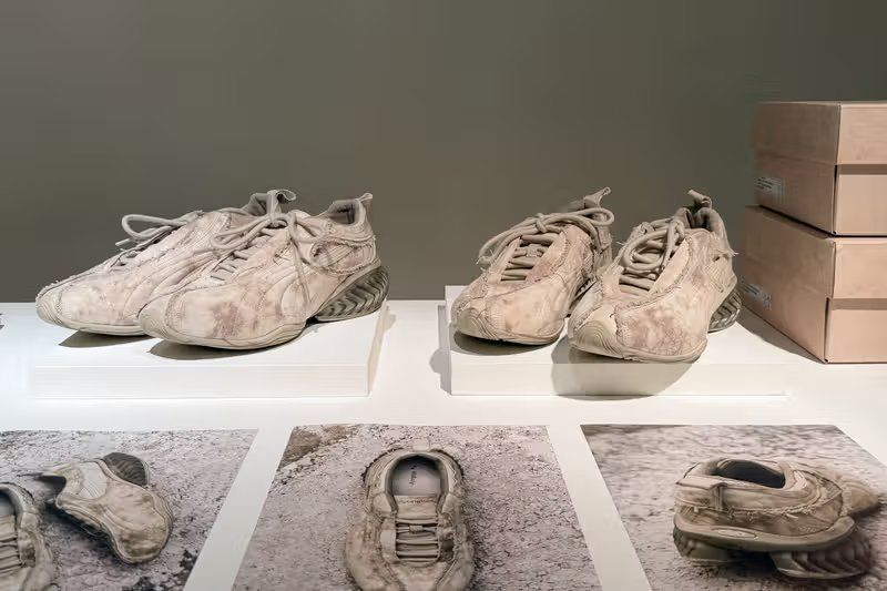 Puma JiyongKim sneaker collaboration inspired by weathered paper textures and natural material decay