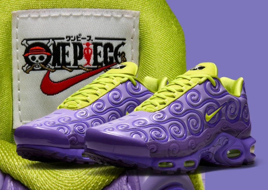 Nike Air Max Plus x One Piece Gomu Gomu in Space Purple with Altitude Green accents, featuring Gomu Gomu no Mi Devil Fruit-inspired swirl patterns