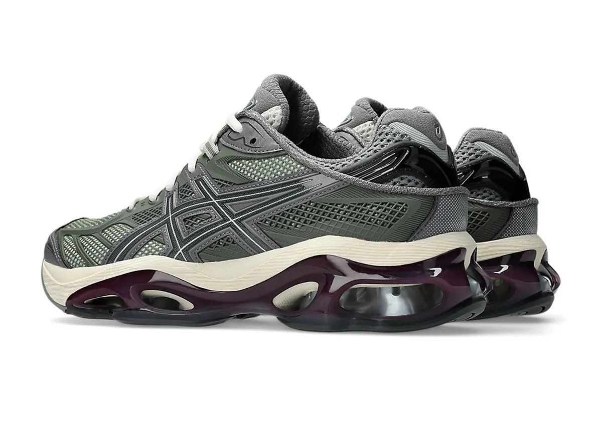 ASICS GEL-Kinetic 2.0 Lichen Green sneaker featuring muted green upper, cream and burgundy midsole with silver GEL pods