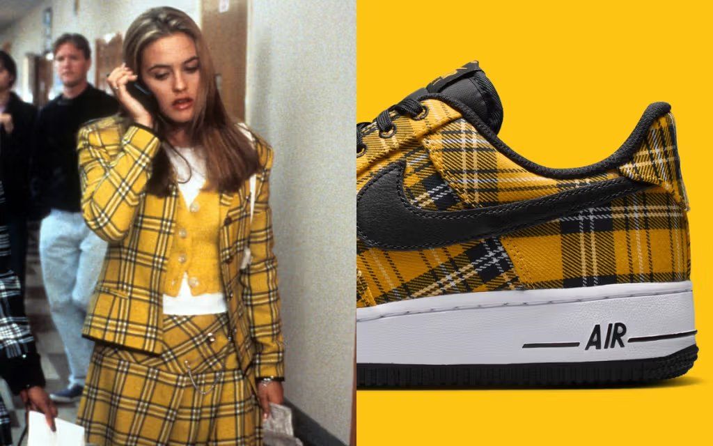 Nike Air Force 1 Low in plaid colorway inspired by Clueless, showing tartan pattern on quarter panel and toe box
