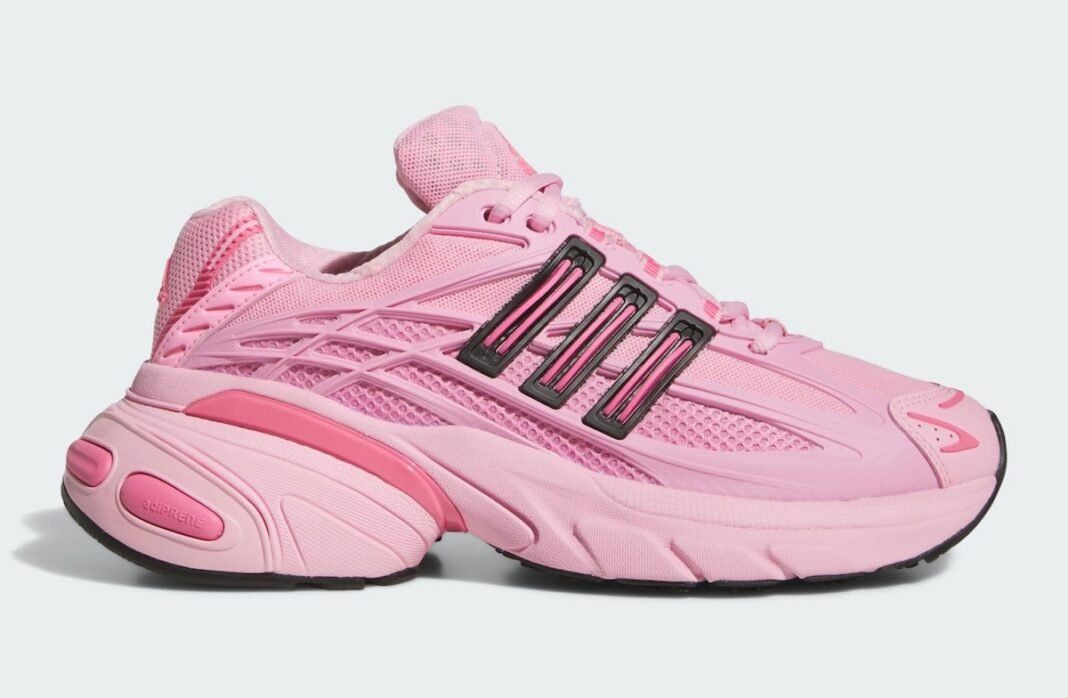 adidas Adistar XLG 2.0 True Pink women's sneaker with pastel pink mesh upper, black accents, and oversized midsole