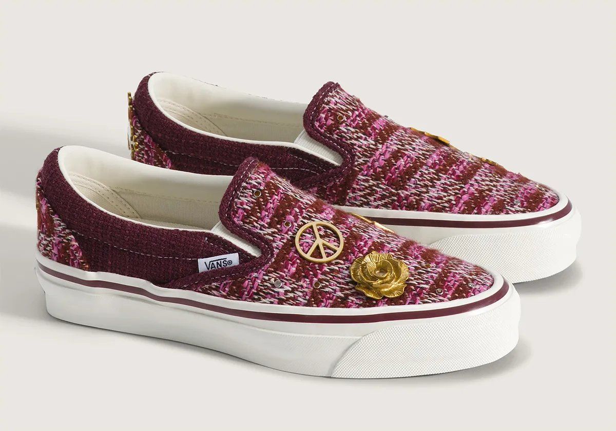 Vans Slip-On Cardigan in pink/red and white colorway with multi-color yarn and embroidered Americana details
