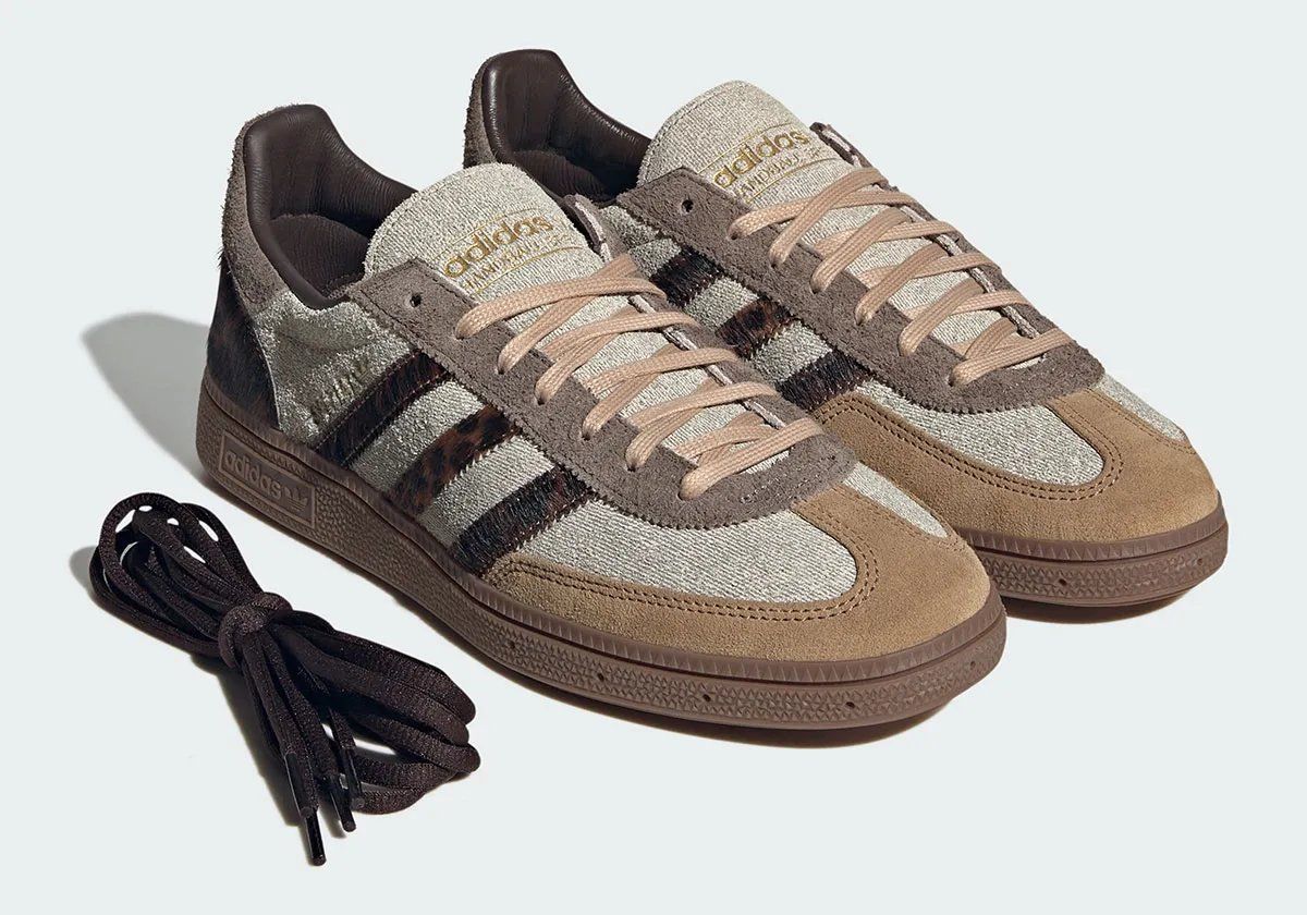 adidas Handball Spezial in grey denim with cheetah pony hair stripes and caramel suede toe overlay