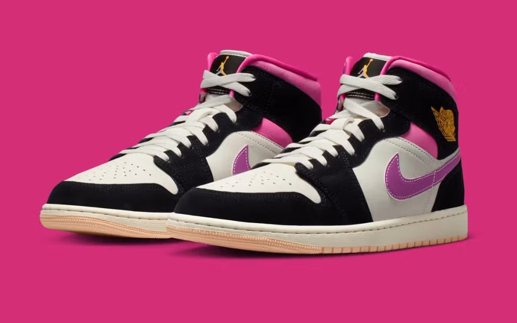 Air Jordan 1 Mid in black leather with pink accents, summer 2026 colorway