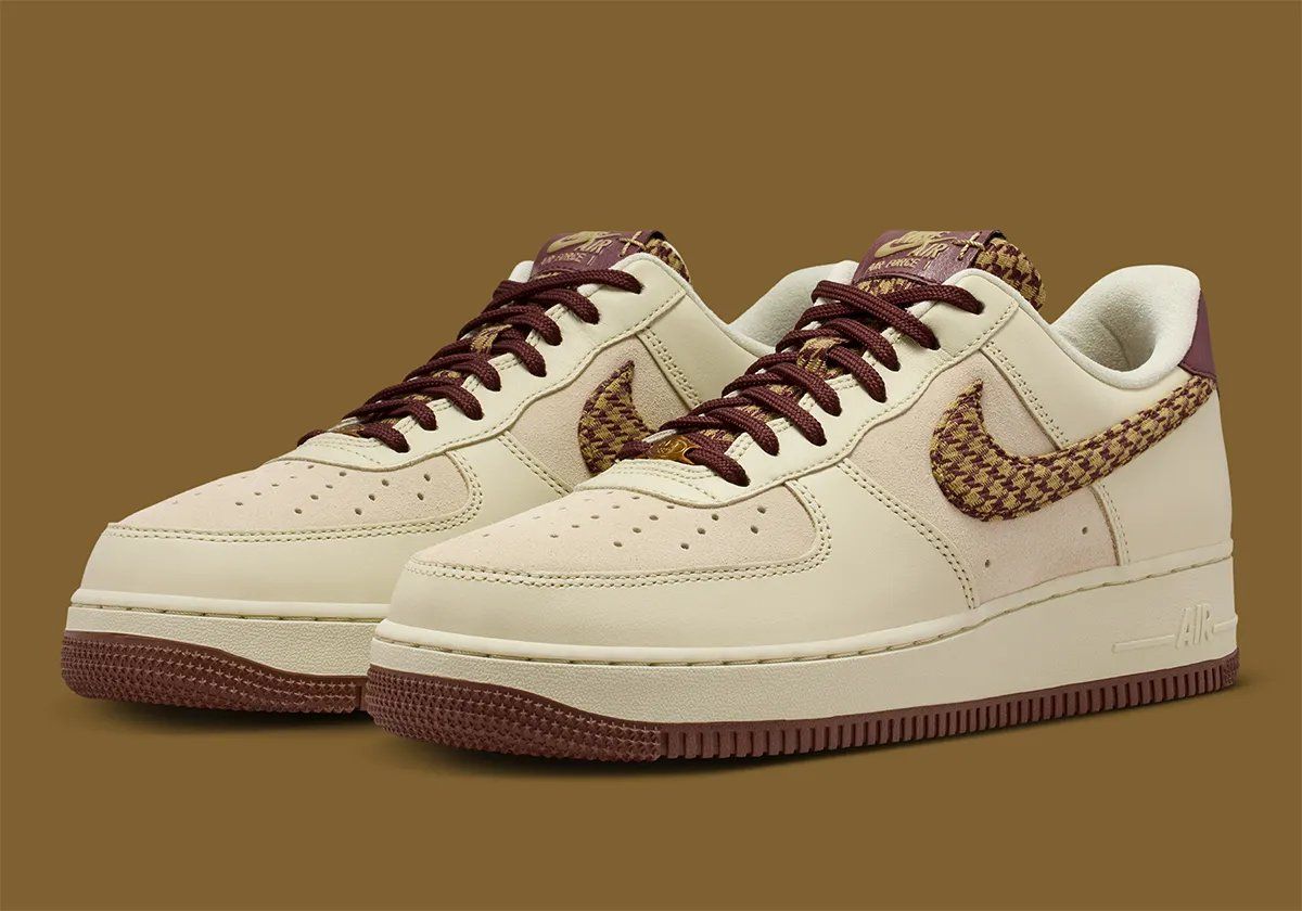 Nike Air Force 1 Low in khaki suede and leather with multicolor khaki and maroon houndstooth pattern on Swoosh and tongue