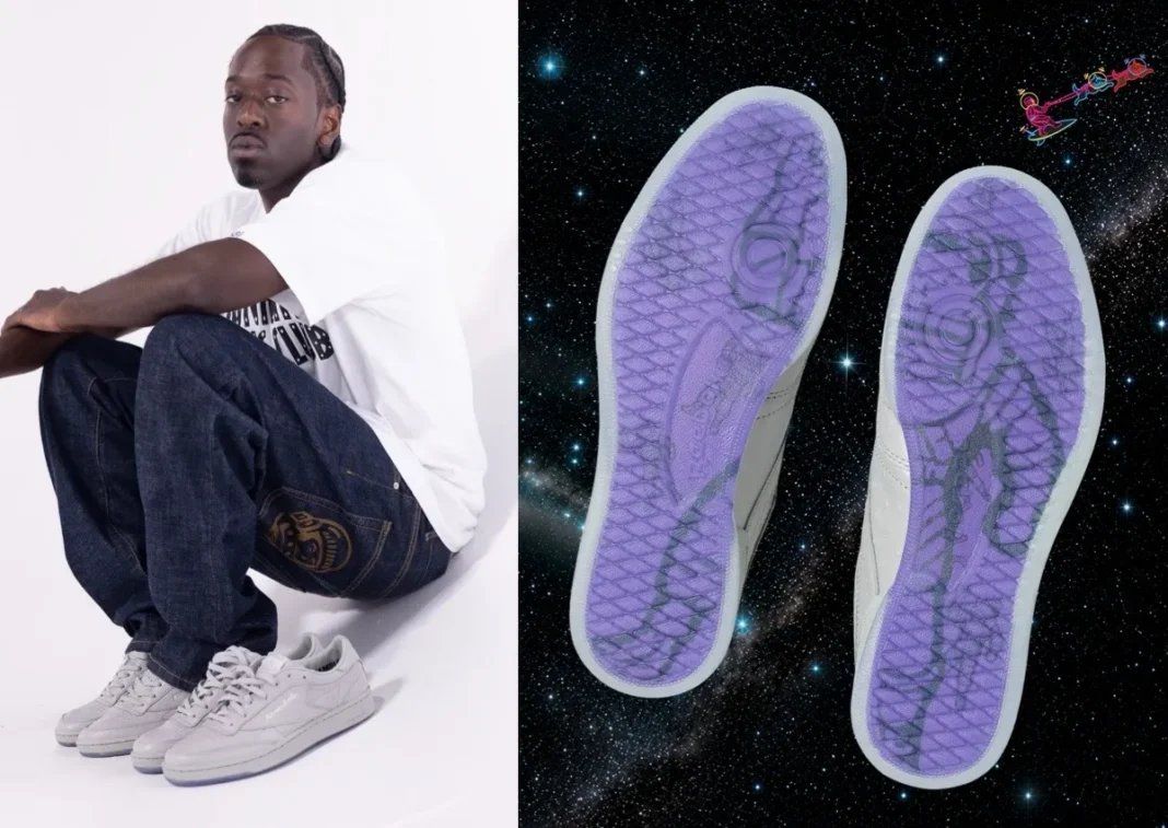 Billionaire Boys Club x Reebok Club C 85 in grey leather with translucent sole featuring astronaut mascot and purple background