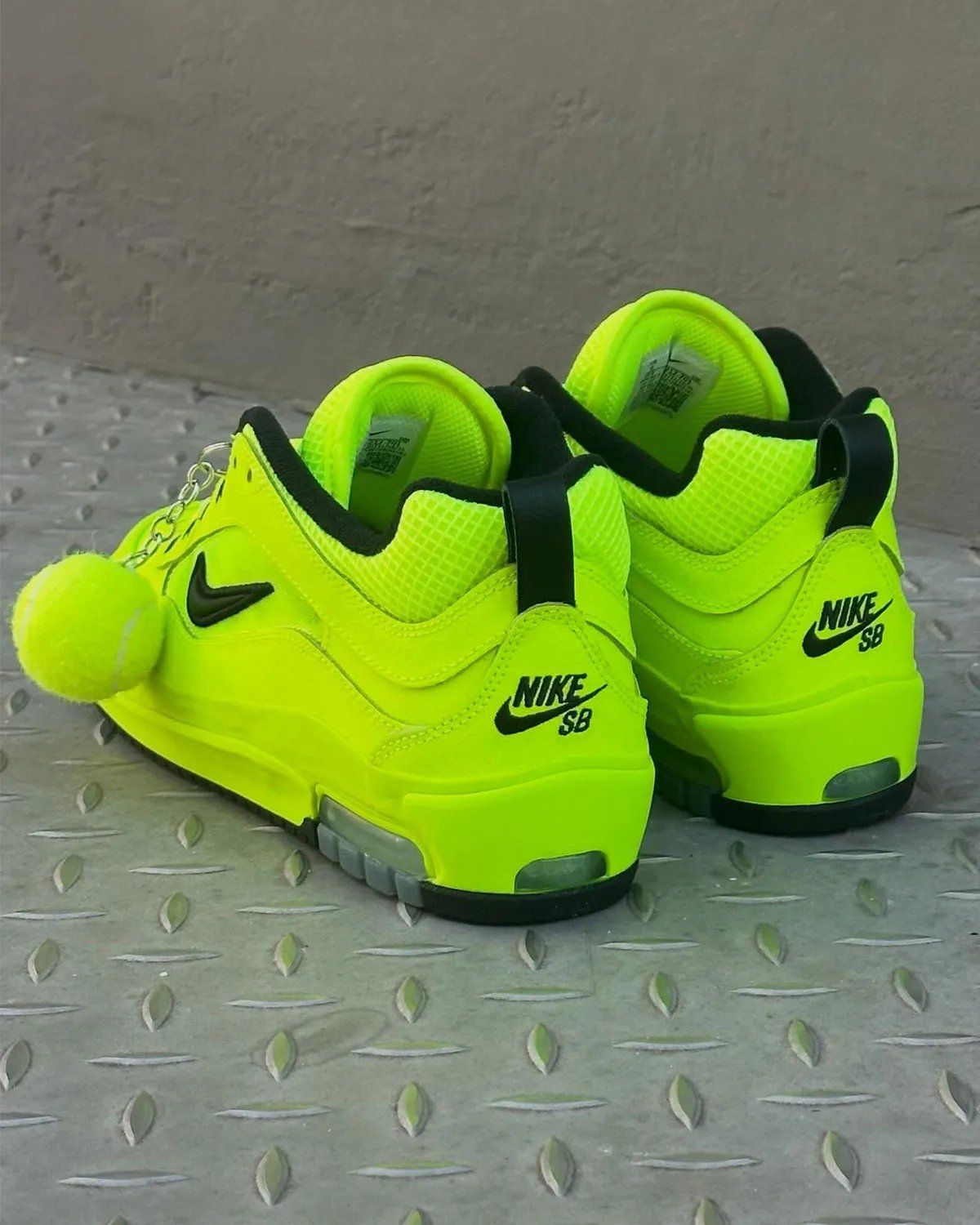 Nike SB Air Max Ishod in neon green tennis ball colorway with black accents and branded tennis ball hangtag