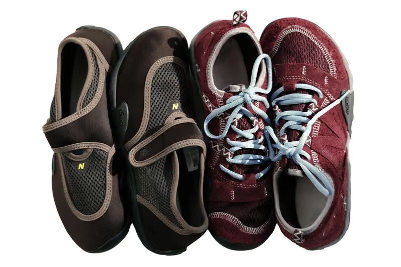 sunlovetour x New Balance Minimus MT10 in burgundy red suede and mesh with icy blue laces, part of the Soft Utility collaboration