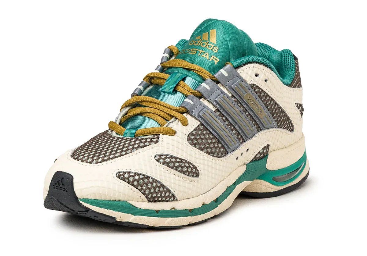 adidas adiStar Molded in Linen Green with flat snakeskin overlay upper, displayed from lateral view