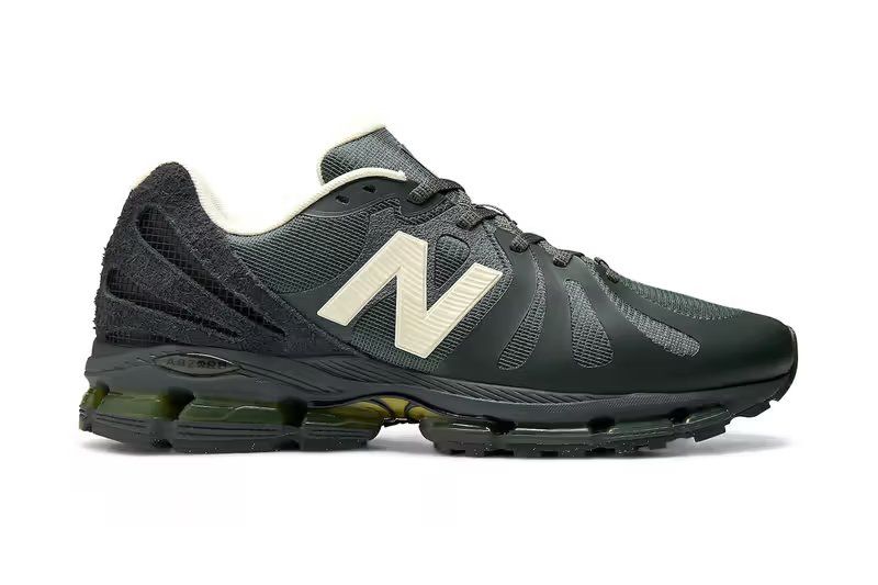 Stone Island x New Balance 1890 Deep Forest sneaker, side profile view showing technical construction and colorway