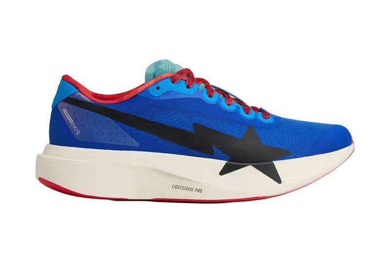 BAPE x adidas Adizero EVO SL in Blue/Green asymmetrical colorway, side profile view