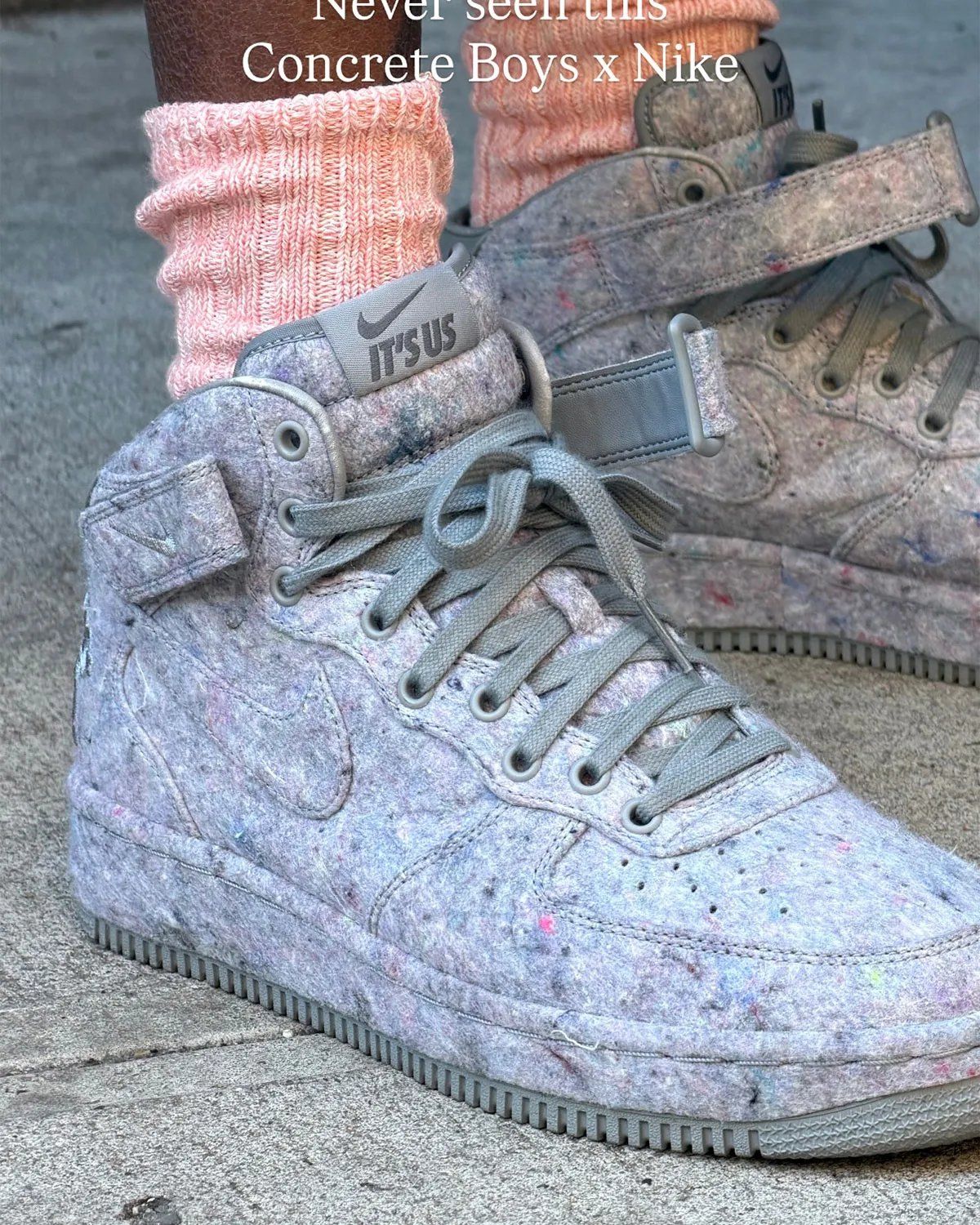 Lil Yachty Nike Air Force 1 Mid Concrete Boys collaboration with textured grey material and multicolored fibers